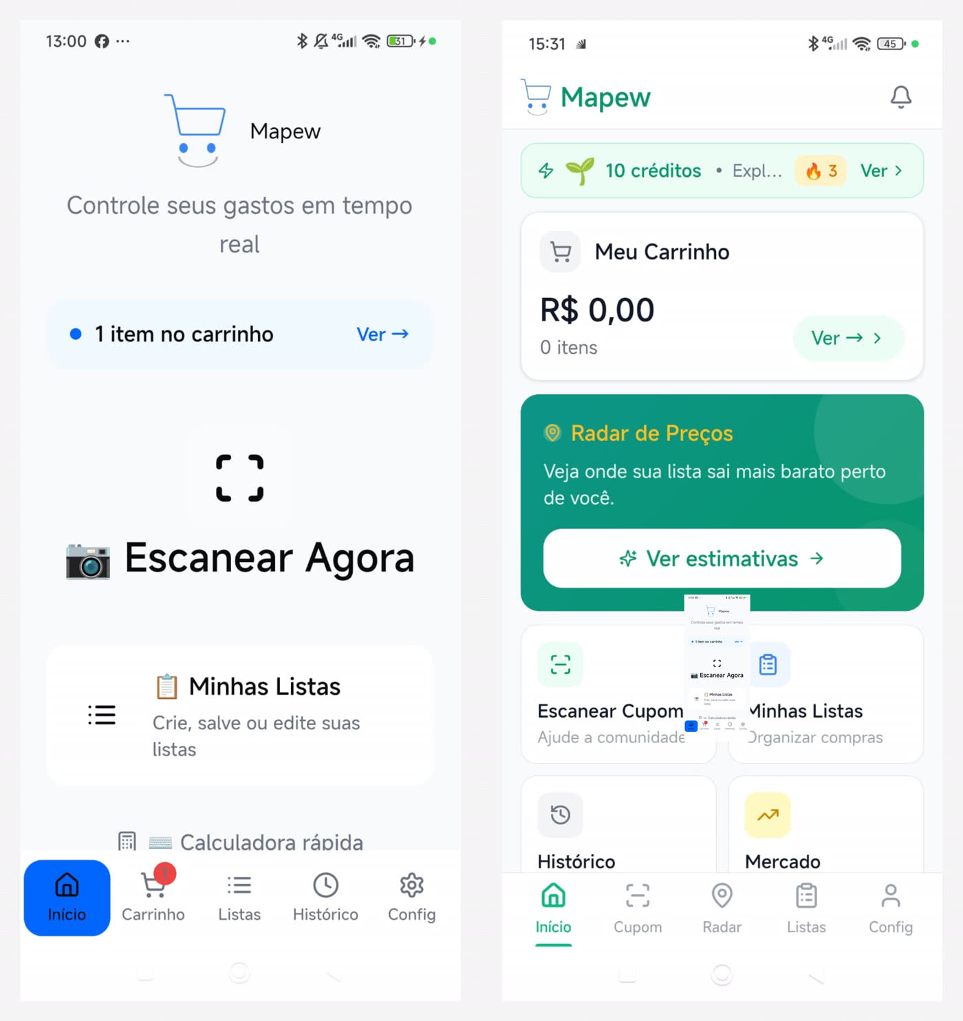 Melhorias na tela inicial após testes com usuários